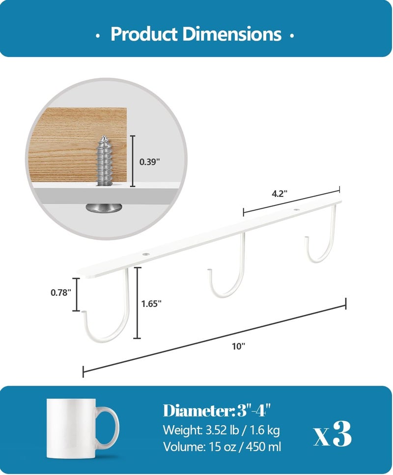 Luckinow 3 Pack Mug Hooks Under Cabinet, Coffee Mug Holder for Hanging Under Shelf, Cup Hanger with 9 Hooks for Displaying Mugs, Coffee Cups and Kitchen Utensils, White - Image 4